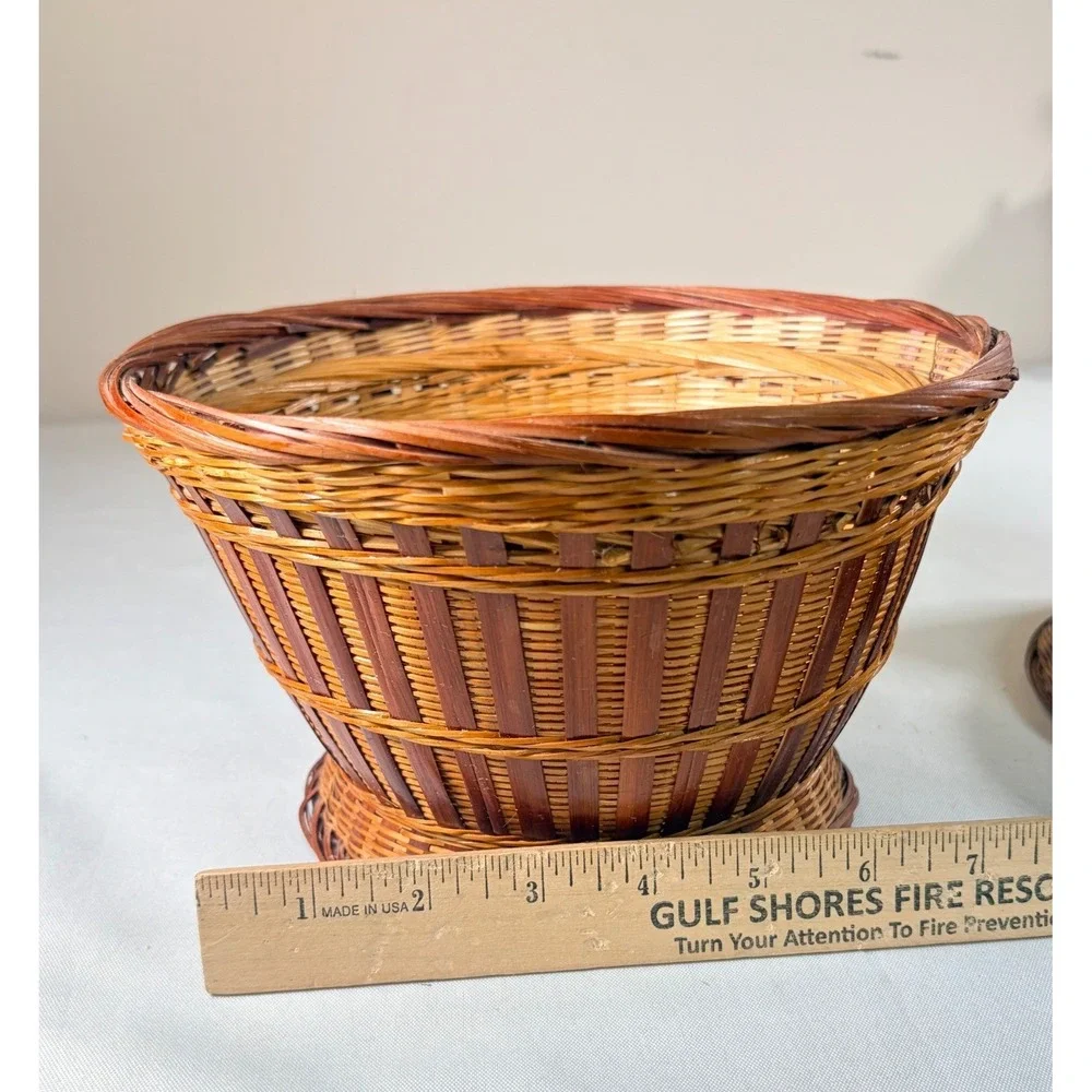 Vintage Woven Bamboo Hen on Nest Chicken Basket Farmhouse Decor Brown 2 Piece